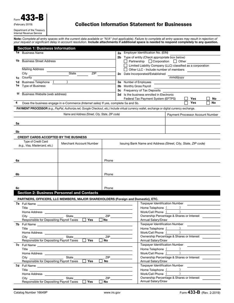 First page of IRS Form 433-B — Collection Information Statement (Businesses)