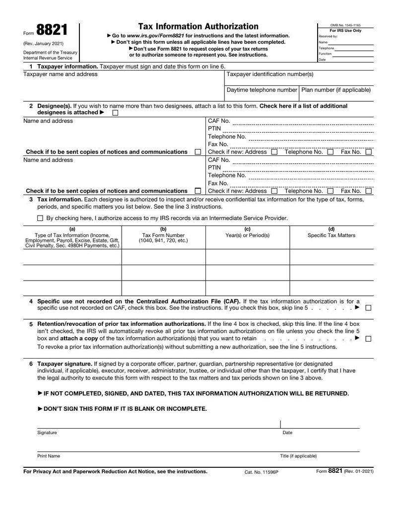 First page of IRS Form 8821 — Tax Information Authorization