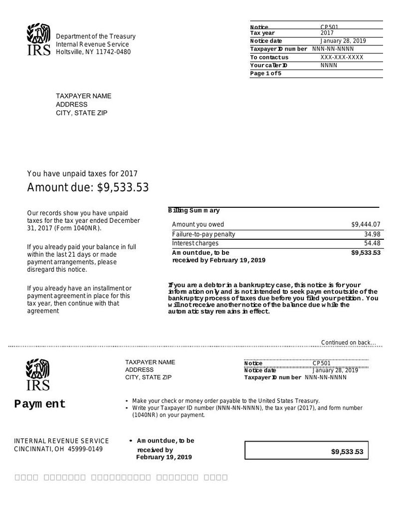Sample first page of IRS Notice CP501