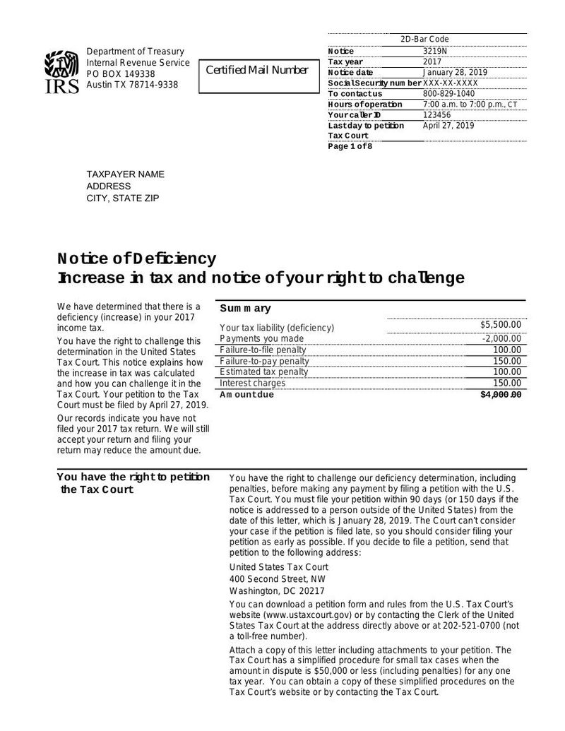Sample first page of IRS Notice Notice of Deficiency