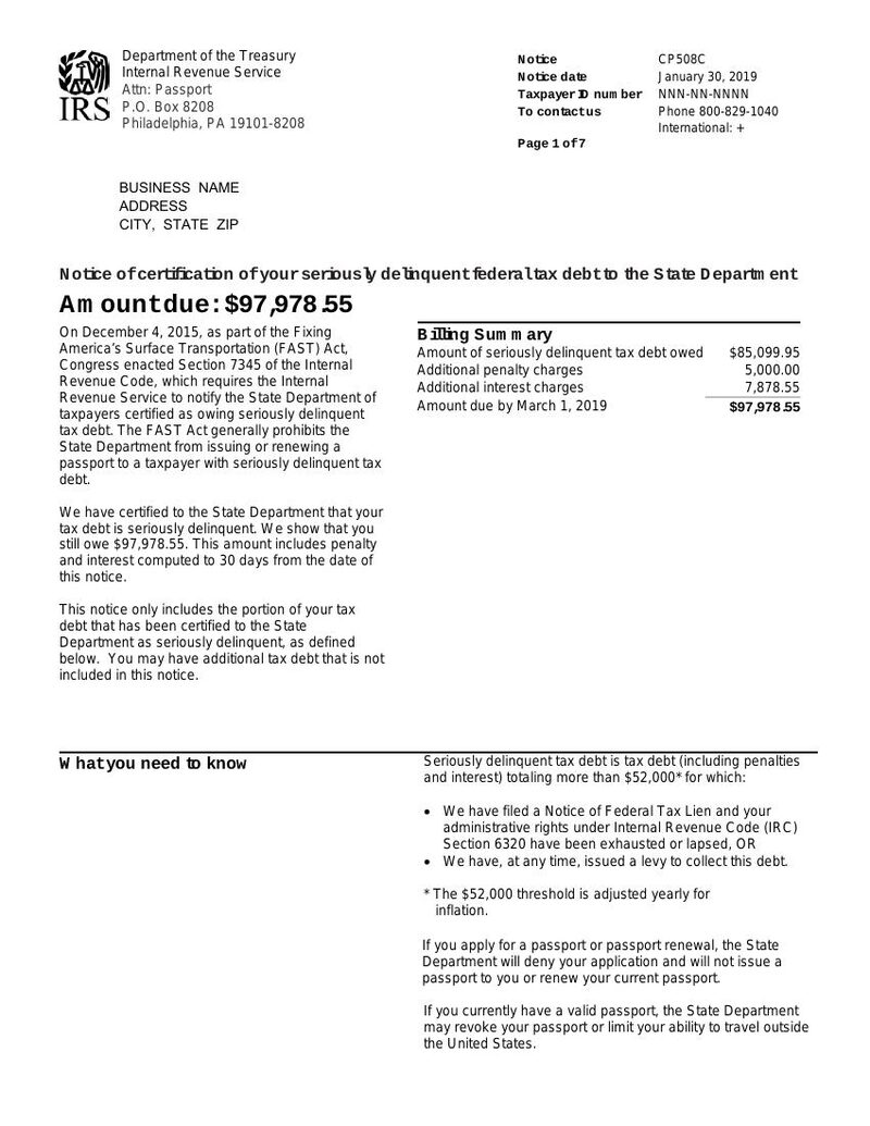 Sample first page of IRS Notice CP508C
