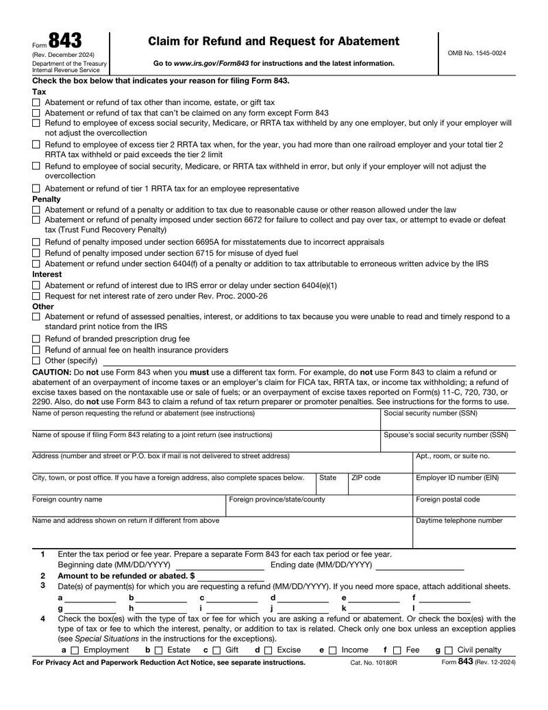 First page of IRS Form 843 — Claim for Refund and Request for Abatement