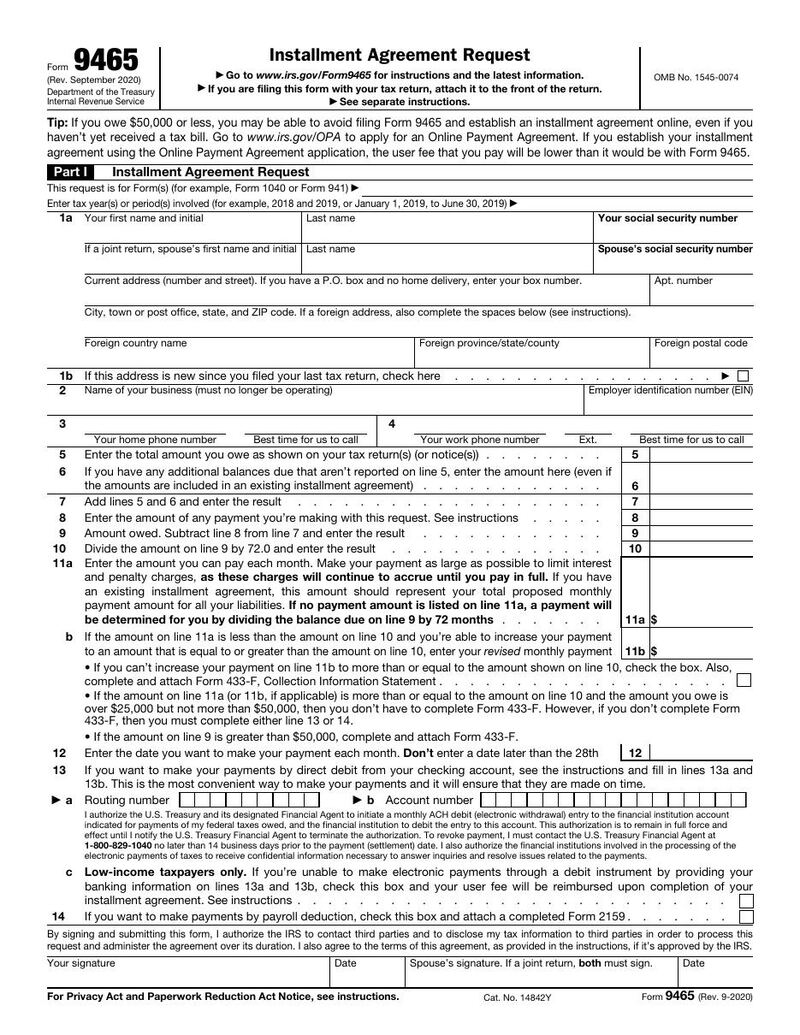 First page of IRS Form 9465 — Installment Agreement Request