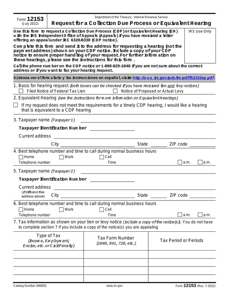 First page of IRS Form 12153 — Request for a Collection Due Process or Equivalent Hearing