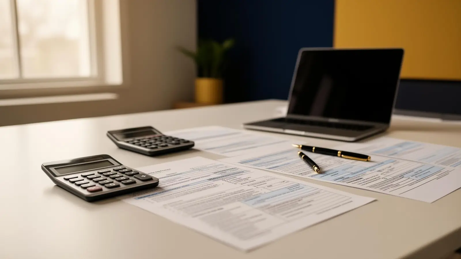 CPA desk with US tax forms, calculator and laptop