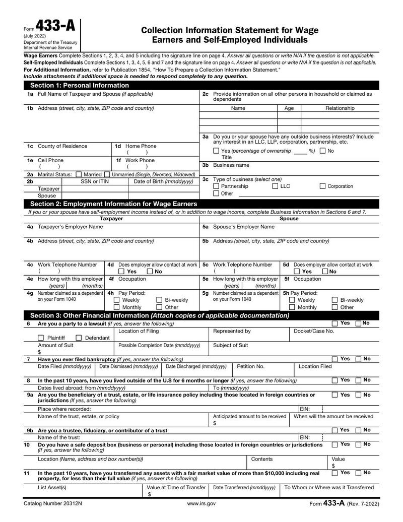 First page of IRS Form 433-A — Collection Information Statement (Individuals)
