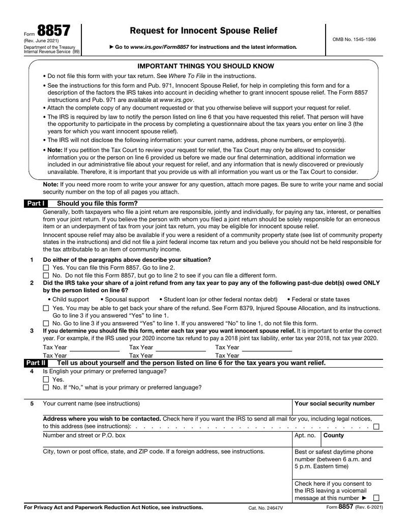 First page of IRS Form 8857 — Request for Innocent Spouse Relief