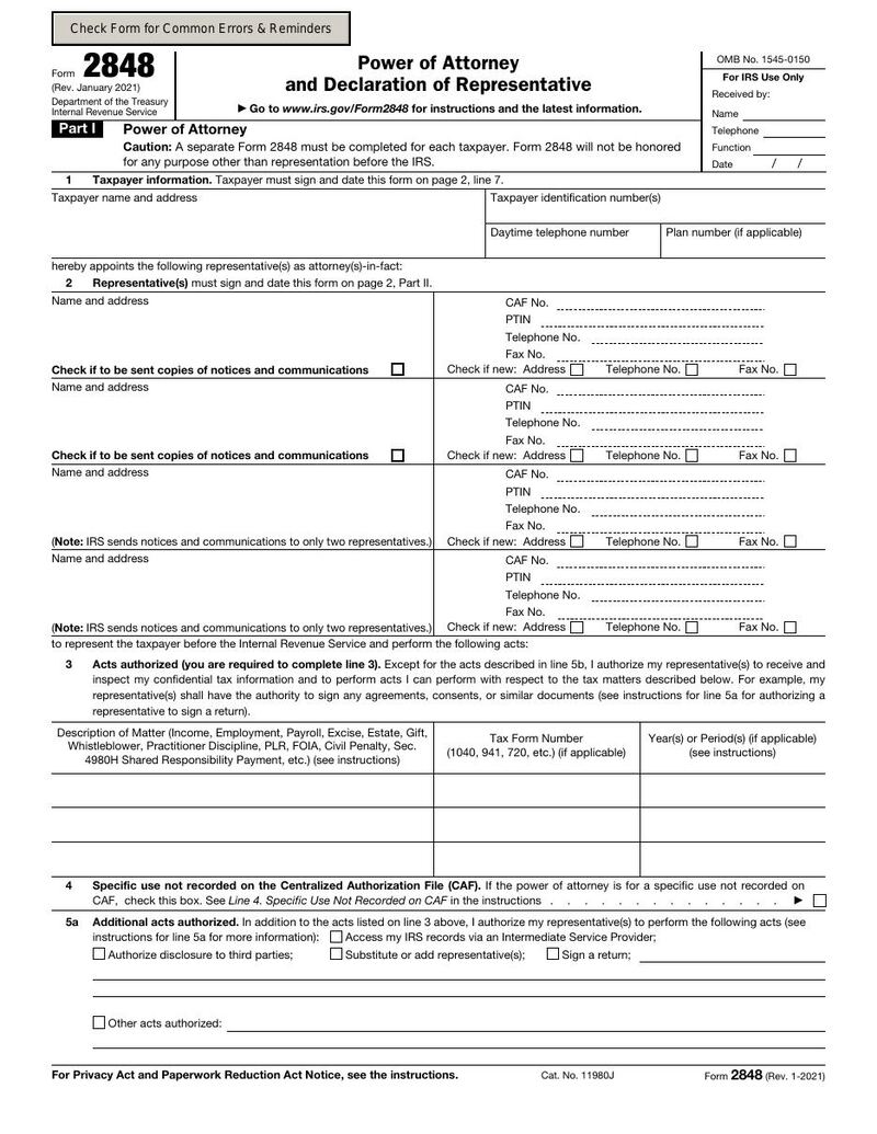 First page of IRS Form 2848 — Power of Attorney and Declaration of Representative