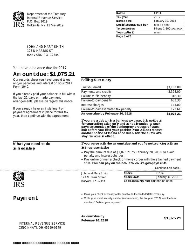 Sample first page of IRS Notice CP14
