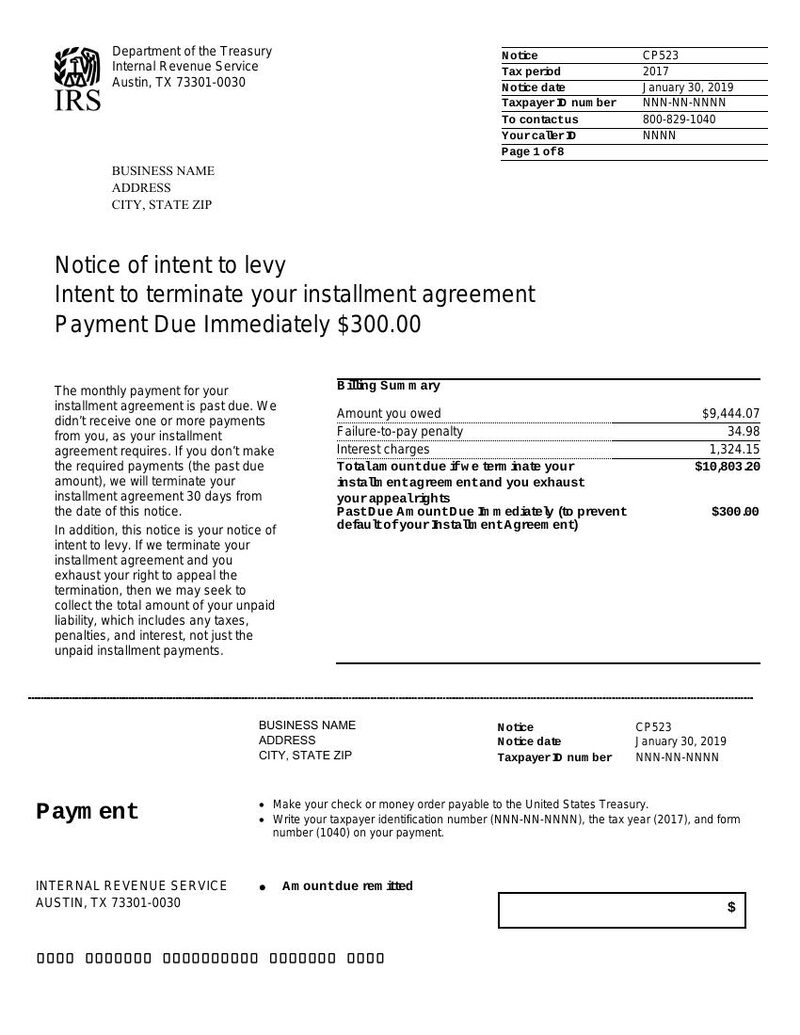 Sample first page of IRS Notice CP523