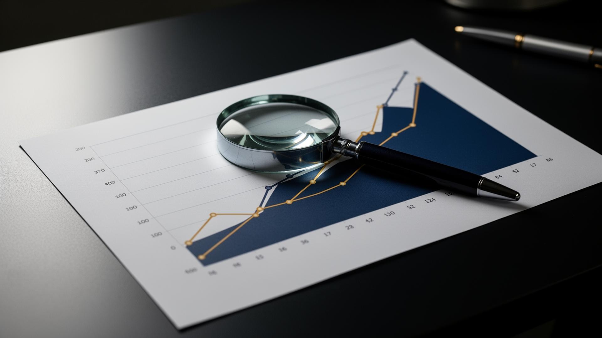 Upward-trending financial chart on paper with magnifier and pen