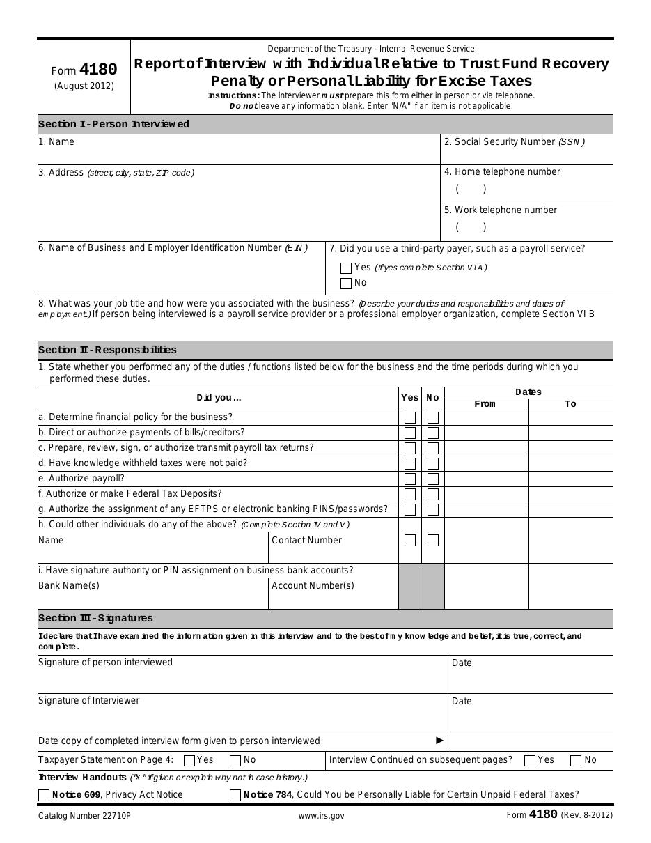 First page of IRS Form 4180 — Report of Interview with Individual Relative to TFRP