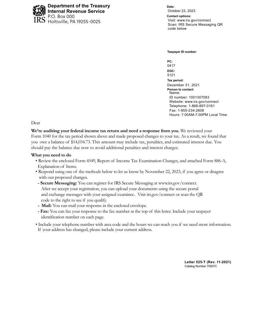 Sample first page of IRS Notice Letter 525