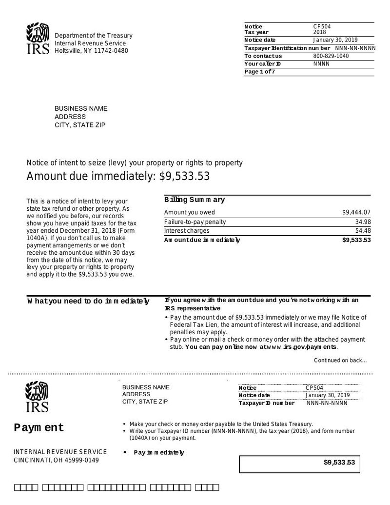 Sample first page of IRS Notice CP504