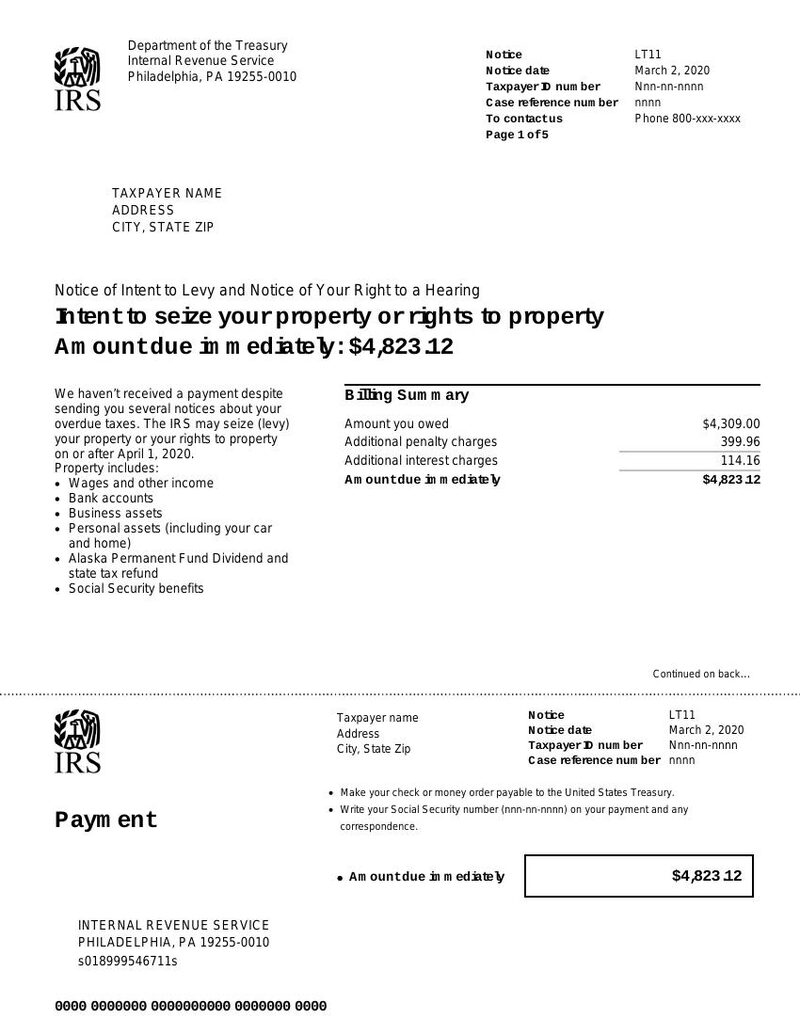 Sample first page of IRS Notice LT11 / Letter 1058