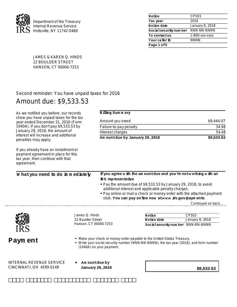 Sample first page of IRS Notice CP503
