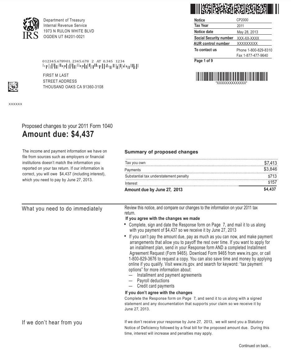 Sample first page of IRS Notice CP2000
