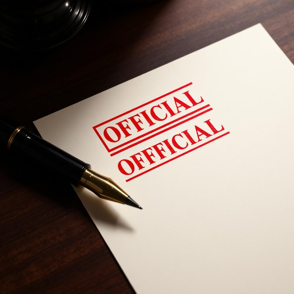 Official red-stamped legal document with a fountain pen
