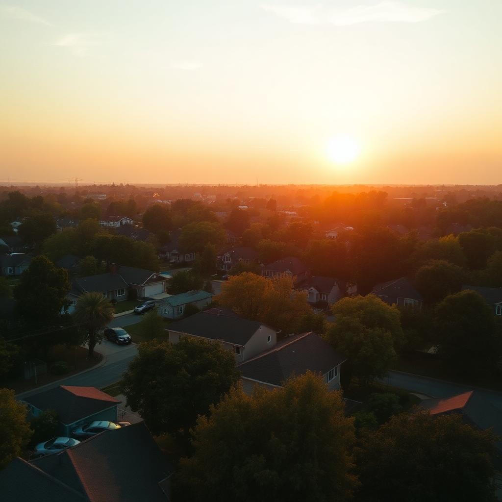 Aerial sunrise over a quiet American suburb