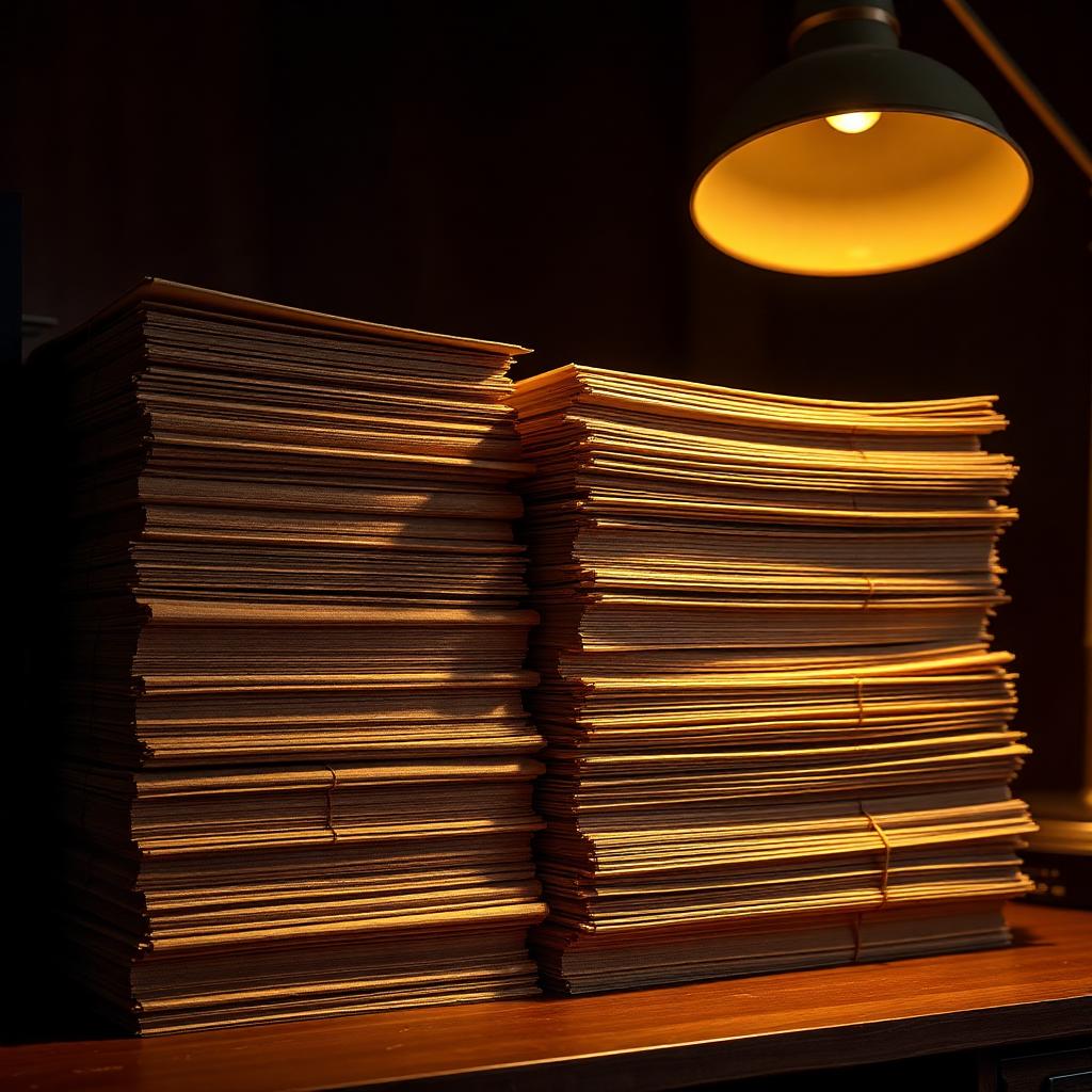 Tall stacks of manila file folders under a desk lamp